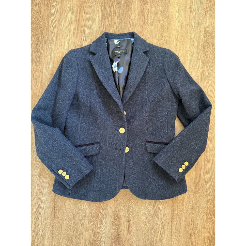Talbots Aberdeen Blazer Womens 0P Charcoal Gray Gold Buttons Floral Lined